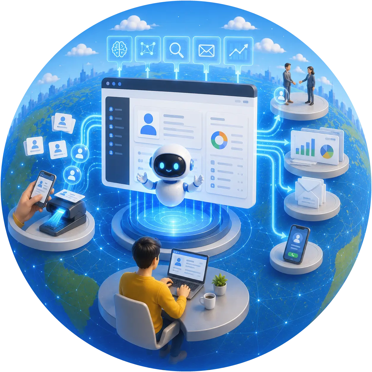 名刺をスキャンし、AIが構造化してCRM/リードに仕分けるイメージ